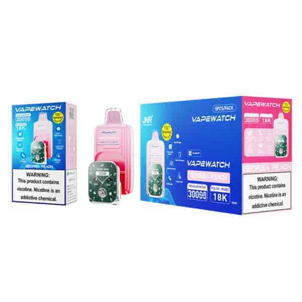 VAPEWATCH Georgia Peach vape product packaging, including single and 5-pack boxes, with nicotine warning labels and a vape device displaying a watch face design.