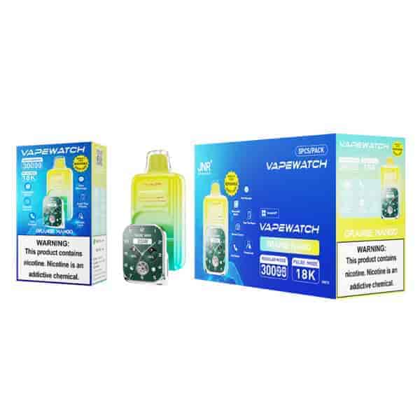 VAPEWATCH packaging and products, featuring orange mango flavor, with a warning label about nicotine addiction.