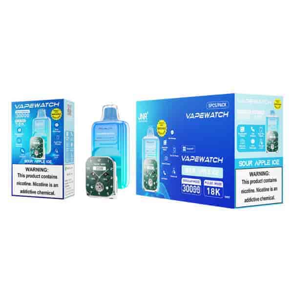 VAPEWATCH Sour Apple Ice packaging with a vape device, a box of 5 devices, and a smartwatch-themed design, featuring warnings about nicotine content.