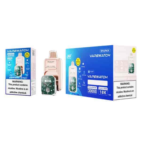 Two boxes of vape products are displayed alongside a vape device. The left box is brightly colored with a warning label about nicotine, while the right box features a similar design. The vape device shown is sleek and has a digital display indicating wattage and other settings.