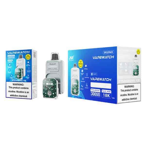 VAPEWATCH Strawberry Ice vape device with 30000 puffs, 18K pulse mode, and nicotine warning label.