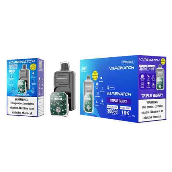 VAPEWATCH packaging for Triple Berry flavor, showing a vaping device, individual box, and a 5-piece pack with nicotine warning labels.