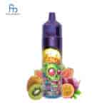 Ein farbenfroher FUMOT Tornado-Vape mit Totenkopf-Design, umgeben von Kiwi, Guave und Passionsfrucht.