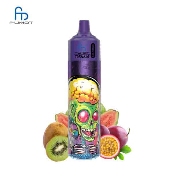 Ein farbenfroher FUMOT Tornado-Vape mit Totenkopf-Design, umgeben von Kiwi, Guave und Passionsfrucht.