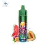 Ein grünes Einweg-Vape-Gerät mit farbenfrohem Oktopus-Design, umgeben von Wassermelonen-, Passionsfrucht- und Melonenscheiben.