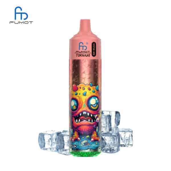Ein farbenfrohes Fumot Tornado Dampfgerät mit einem skurrilen Monsterdesign, umgeben von Eiswürfeln.