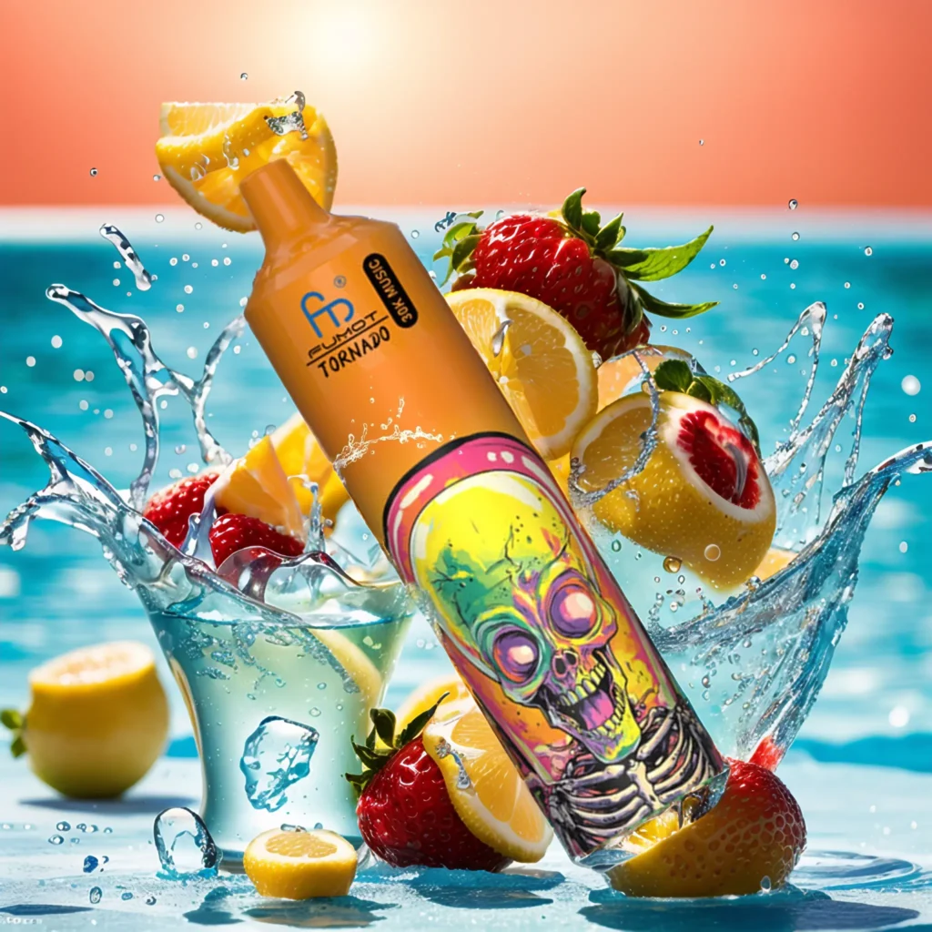 A colorful bottle with a skull design is surrounded by splashes of water, strawberries, and lemon slices against a vibrant sunset background by a pool.