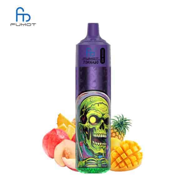 Ein lilafarbenes Fumot Tornado-Vape-Gerät mit einem Totenkopf-Grafikdesign, umgeben von geschnittenen Ananas-, Mango-, Pfirsich- und Apfelscheiben.