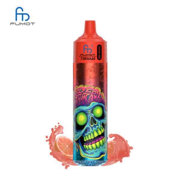 Ein farbenfrohes Dampfgerät mit einer roten Oberseite, Marke "Fumot Tornado", mit einem lebendigen Totenkopf-Motiv und einem Zitrus-Splash-Design.