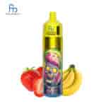 Ein Vape Pen mit buntem Totenkopf-Design und gelber Kappe, umgeben von Erdbeeren und Bananen.