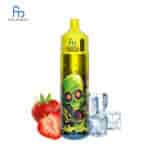 Ein farbenfrohes Vape-Gerät mit einer grünen Zombie-Grafik auf der Vorderseite, umgeben von Eiswürfeln und Erdbeeren, vor weißem Hintergrund.