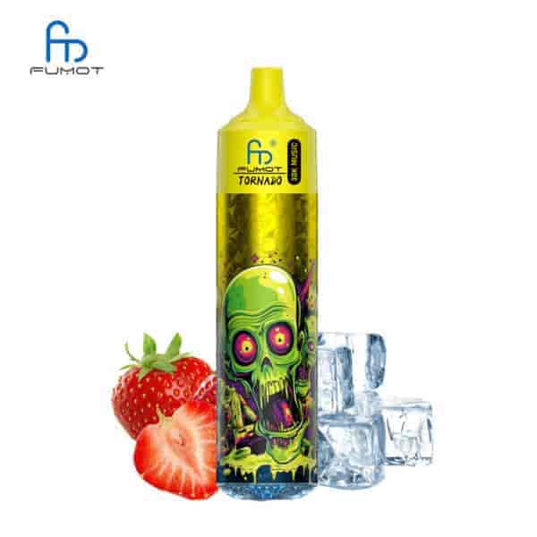 Ein farbenfrohes Vape-Gerät mit einer grünen Zombie-Grafik auf der Vorderseite, umgeben von Eiswürfeln und Erdbeeren, vor weißem Hintergrund.