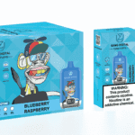 A blue vaping device labeled "Blueberry Raspberry" with a cartoon monkey character wearing sunglasses and a cap, displayed alongside its packaging that features various product details and a warning about nicotine.