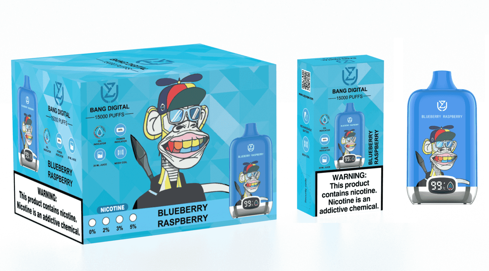 A blue vaping device labeled "Blueberry Raspberry" with a cartoon monkey character wearing sunglasses and a cap, displayed alongside its packaging that features various product details and a warning about nicotine.