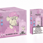 A pink packaging design for a vape product called "Bang Digital" featuring a cartoon monkey character wearing a pink cap, holding a cigar, with details about nicotine content and warnings prominently displayed.