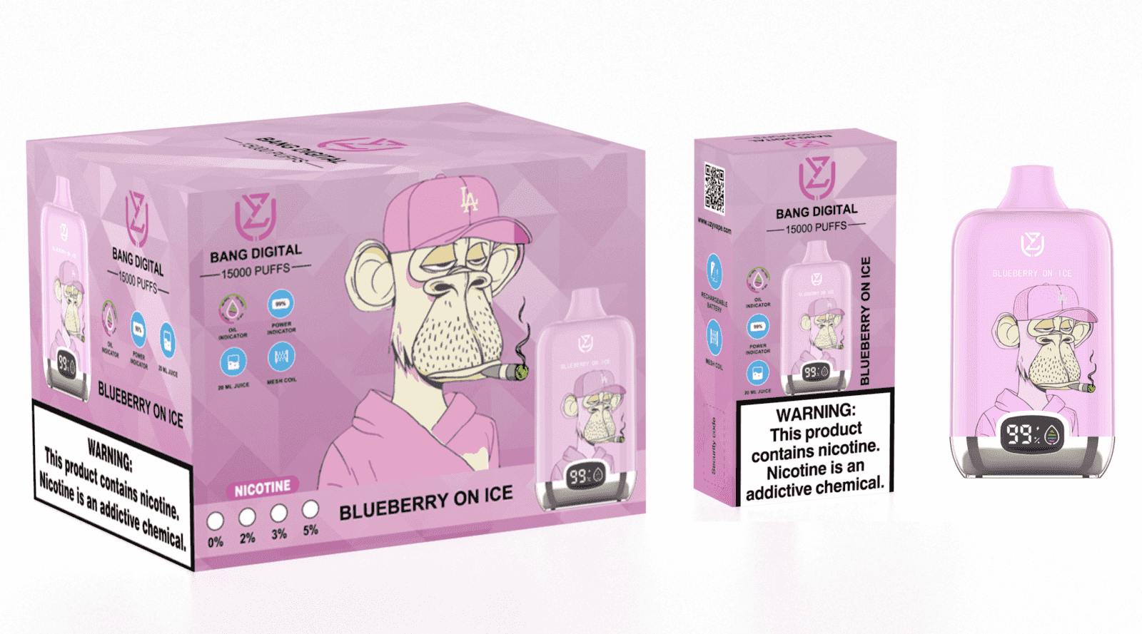 A pink packaging design for a vape product called "Bang Digital" featuring a cartoon monkey character wearing a pink cap, holding a cigar, with details about nicotine content and warnings prominently displayed.