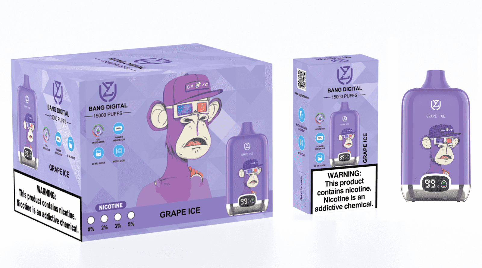 A purple box labeled "Bang Digital" displaying a vaping device, featuring a cartoon monkey wearing glasses on the front. The packaging lists specifications like "15000 puffs," "grape ice" flavor, and warnings about nicotine.