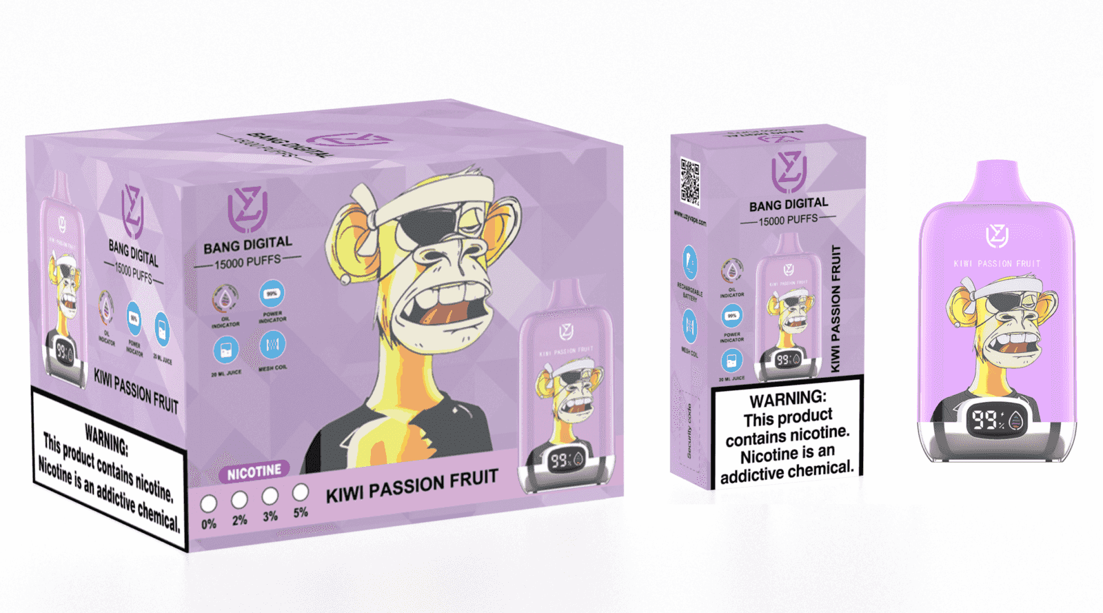 A vape pen and its packaging, featuring a cartoon monkey character in sunglasses on a purple background, labeled "Kiwi Passion Fruit," with indicators for oil and power levels, and a warning about nicotine.
