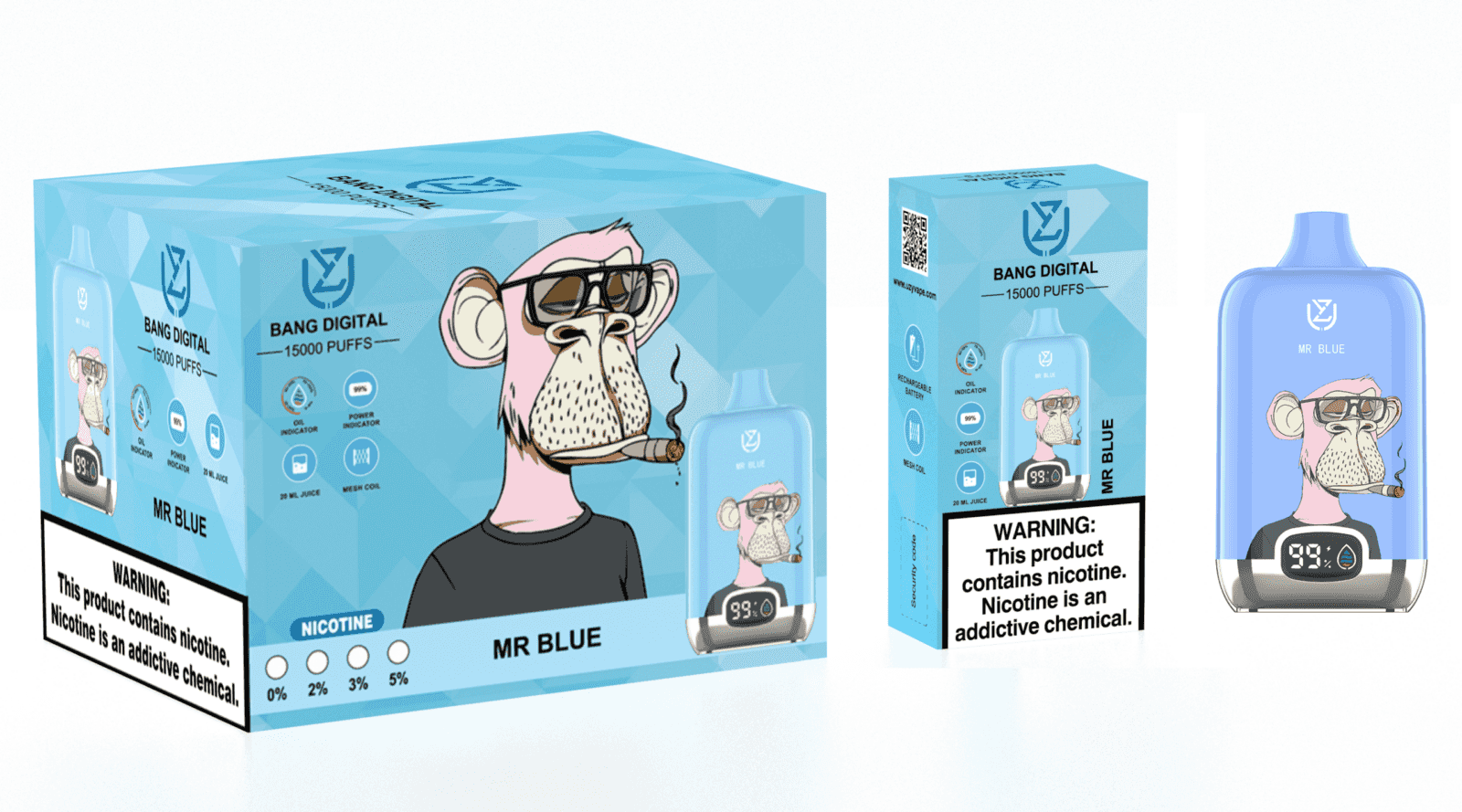 A blue packaging box for a disposable vape product named "Mr. Blue," featuring a cartoon monkey wearing glasses and smoking. The box displays information about the product, including features like "15000 PUFFS," "oil indicator," and "power indicator," along with a warning about nicotine. A clear vape device is shown next to the box, also labeled "Mr. Blue" with a digital readout.