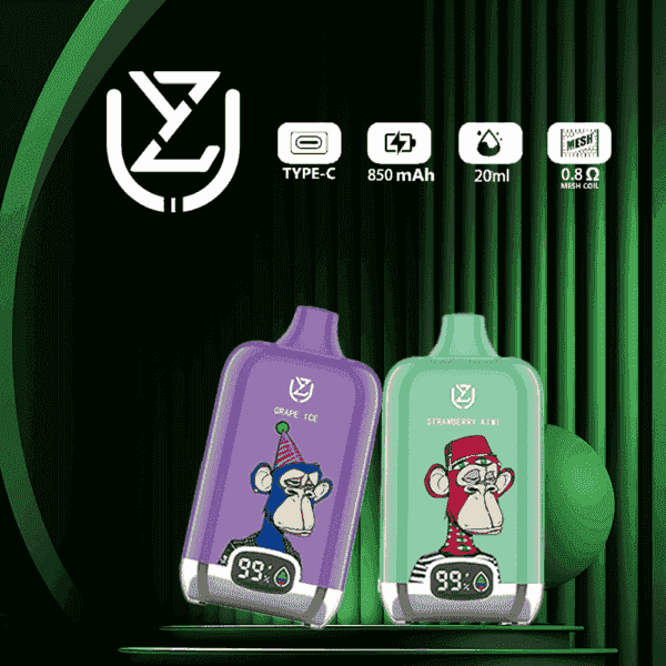 Two colorful vape devices, one purple labeled "Grape Ice" and one green labeled "Strawberry Kiwi," are displayed against a green striped background. Each device features a cartoon monkey illustration and a digital display showing battery status.
