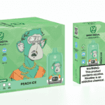 A green packaging box and an e-cigarette device labeled "Bang Digital Peach Ice" featuring a cartoonish monkey with glasses and a chain, alongside a warning label about nicotine.