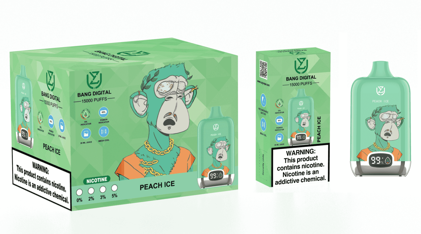 A green packaging box and an e-cigarette device labeled "Bang Digital Peach Ice" featuring a cartoonish monkey with glasses and a chain, alongside a warning label about nicotine.