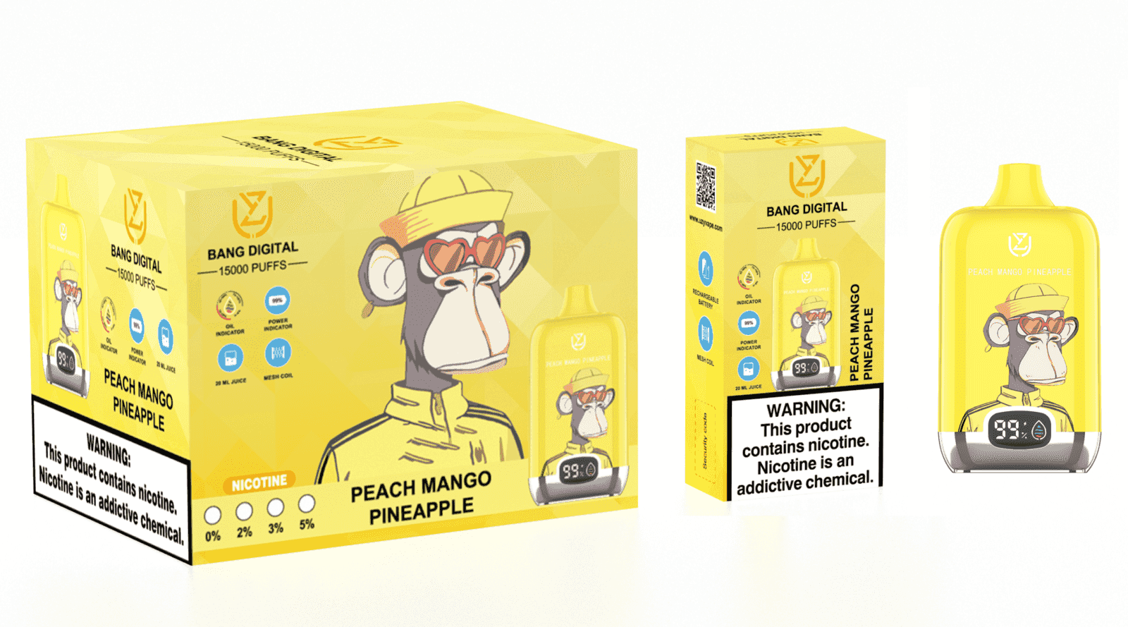 A yellow vaping device and its packaging, featuring a cartoon monkey wearing sunglasses and a yellow outfit. The device is labeled "Peach Mango Pineapple" and includes warnings about nicotine.