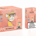 A pink package for a vaping product labeled "Bang Digital" featuring an illustration of a monkey wearing sunglasses and a colorful shirt, alongside a disposable vape with the same design. Text indicates it offers 15,000 puffs and various indicators for oil and power, along with a warning about nicotine.