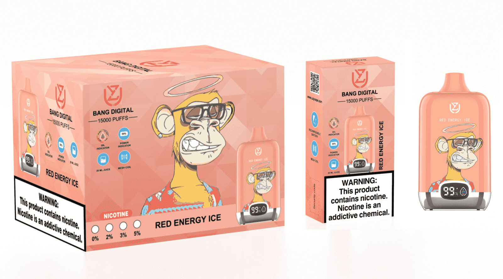 A pink package for a vaping product labeled "Bang Digital" featuring an illustration of a monkey wearing sunglasses and a colorful shirt, alongside a disposable vape with the same design. Text indicates it offers 15,000 puffs and various indicators for oil and power, along with a warning about nicotine.