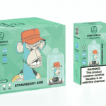 A green box and a disposable vape device labeled "Bang Digital" with a cartoon monkey illustration wearing a red cap, both featuring "Strawberry Kiwi" flavor and details about nicotine content and features. The box has a warning label about nicotine being an addictive chemical.