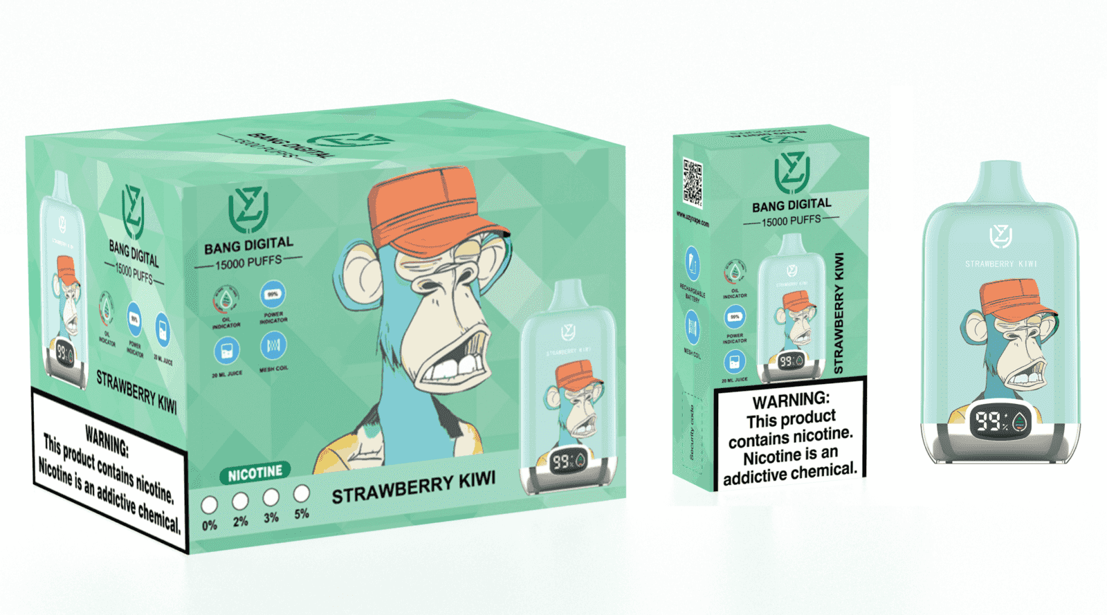 A green box and a disposable vape device labeled "Bang Digital" with a cartoon monkey illustration wearing a red cap, both featuring "Strawberry Kiwi" flavor and details about nicotine content and features. The box has a warning label about nicotine being an addictive chemical.