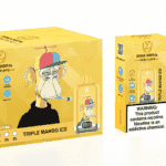 A yellow box and a vape device labeled "Bang Digital 15000 Puffs" with a cartoon monkey wearing a multicolored cap and holding a vape pen. The box includes a warning about nicotine addiction and features icons for indicators and specifications.
