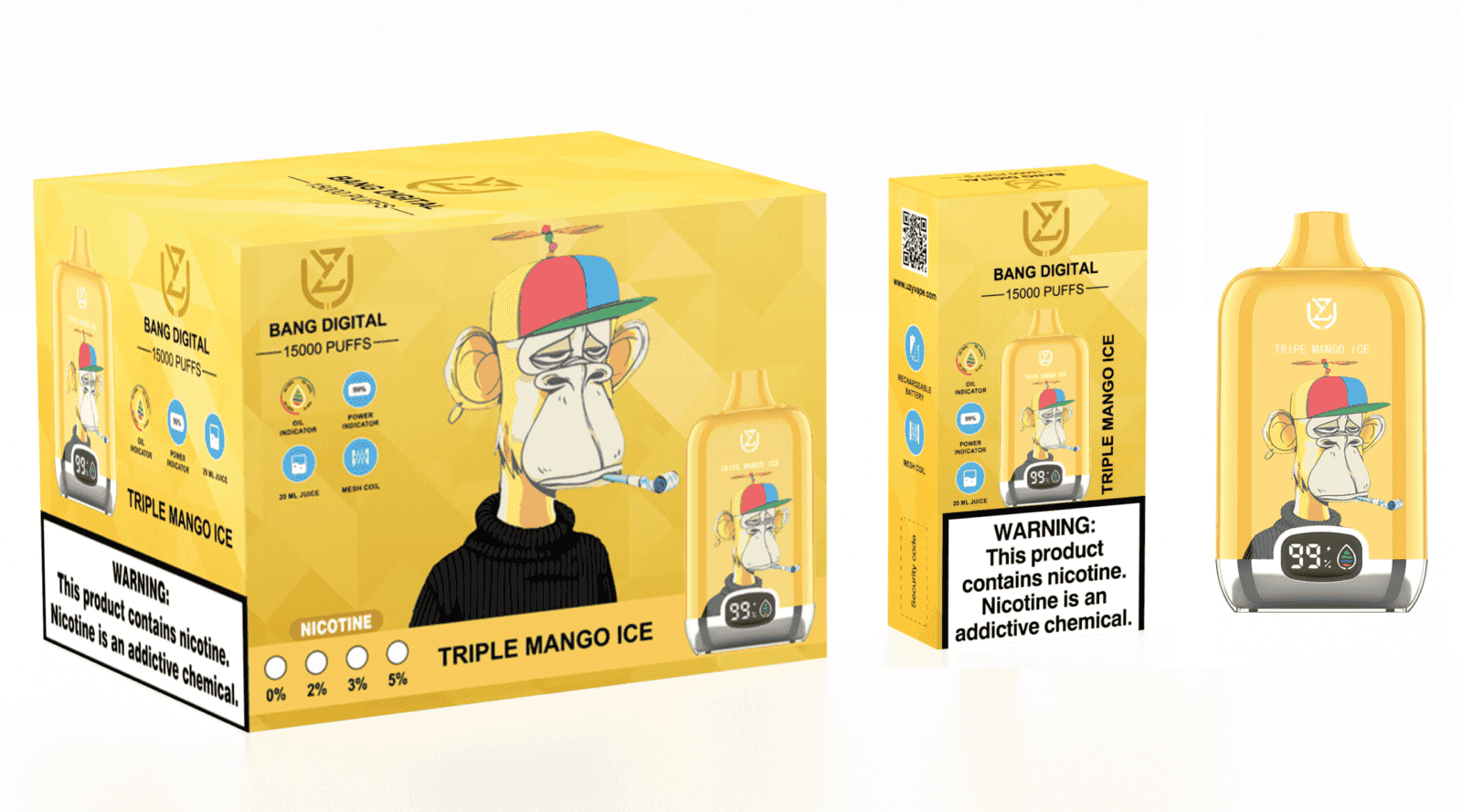 A yellow box and a vape device labeled "Bang Digital 15000 Puffs" with a cartoon monkey wearing a multicolored cap and holding a vape pen. The box includes a warning about nicotine addiction and features icons for indicators and specifications.