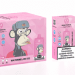 A pink box featuring a cartoon monkey wearing a cap, labeled "BANG DIGITAL 15000 PUFFS WATERMELON ICE," along with an illustrated vape device in a matching pink color. The box includes icons indicating features like oil and power indicators, and has a warning about nicotine content prominently displayed.