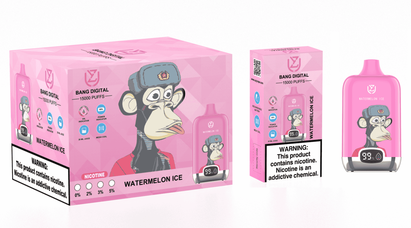A pink box featuring a cartoon monkey wearing a cap, labeled "BANG DIGITAL 15000 PUFFS WATERMELON ICE," along with an illustrated vape device in a matching pink color. The box includes icons indicating features like oil and power indicators, and has a warning about nicotine content prominently displayed.