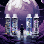 A person in a spacesuit stands on a rocky surface, looking at four vape products labeled "CRYSTAL PRO MAX 10000" in a colorful cosmic landscape featuring a large planet in the background.