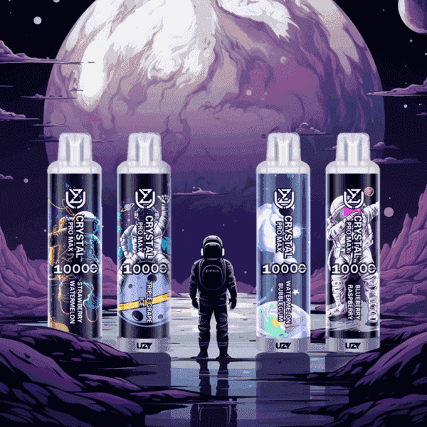 A person in a spacesuit stands on a rocky surface, looking at four vape products labeled "CRYSTAL PRO MAX 10000" in a colorful cosmic landscape featuring a large planet in the background.