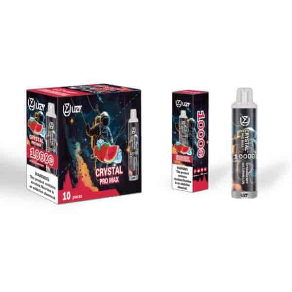 A packaging box and an individual vape device labeled "Crystal Pro Max," featuring a strawberry and watermelon design with an astronaut in space. The box contains 10 pieces and includes a warning about nicotine.