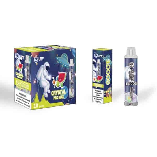 A colorful packaging box for "CRYSTAL PRO MAX" vape products featuring an astronaut and watermelon illustrations, alongside a vape bottle displayed upright, both highlighting "10000" and a warning about nicotine.