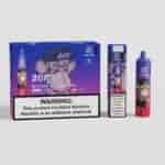 Verpackung und Produktbild des Tornado-Vaporizers mit Blaubeer-Himbeer-Geschmack mit "20 Puffs"-Text, einem Cartoon-Affen-Design und einem Nikotin-Warnschild.
