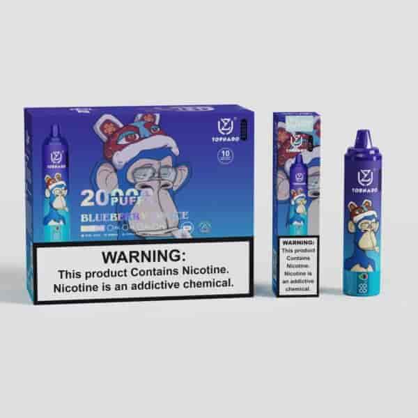 Eine Verpackung für ein E-Zigaretten-Produkt mit einem Cartoon-Affen mit Brille und Weihnachtsmütze, mit der Aufschrift "Blueberry Ice" und einem Warnhinweis zu Nikotin. Neben der Schachtel befindet sich ein Vape Pen mit ähnlichem Branding und ähnlichen Grafiken.