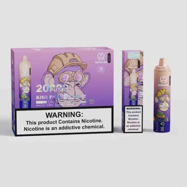 Eine Vape-Produktverpackung mit einem Comic-Affen mit Brille und Schutzhelm, mit dem Text "20 Puffs Kiwi Passionfruit" und einem Nikotin-Warnschild. Das Design umfasst lila und blaue Farben.