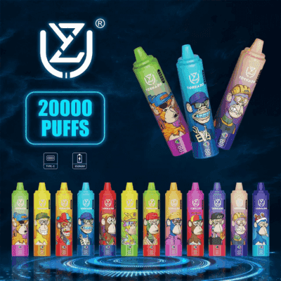 Eine Reihe farbenfroher E-Zigaretten mit der Aufschrift "Tornado" mit unterschiedlichen Comicfiguren-Designs sowie dem Text "20000 PUFFS" und Symbolen, die auf einen Typ-C-Ladeanschluss und eine Akkukapazität hinweisen. Der Hintergrund ist dunkel mit einem wirbelnden Blaueffekt.