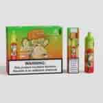 Eine farbenfrohe Verpackung eines Vape-Produkts mit einem Cartoon-Affen mit Mütze und der Aufschrift "20.000 PUFFS STRAWBERRY NUT" mit Warnungen vor Nikotinsucht. Die Verpackung enthält ein Verdampfergerät und einen auffälligen Warnhinweis.