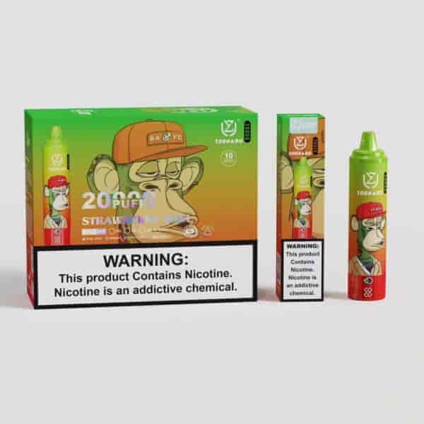 Eine farbenfrohe Verpackung eines Vape-Produkts mit einem Cartoon-Affen mit Mütze und der Aufschrift "20.000 PUFFS STRAWBERRY NUT" mit Warnungen vor Nikotinsucht. Die Verpackung enthält ein Verdampfergerät und einen auffälligen Warnhinweis.