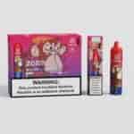Eine farbenfrohe Verpackung eines Vape-Produkts mit einem Cartoon-Affen und der Aufschrift "20 Puffs Watermelon Ice" sowie einem Warnhinweis zum Nikotingehalt. Zu sehen sind die Schachtel und ein dazugehöriger Vape, beide tragen deutlich den Markennamen "Tornado"."