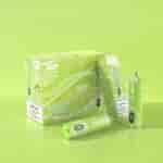 Green packaging for a shisha hookah product labeled "Double Apple" with 15,000 puffs, featuring individual vape devices and a warning about nicotine being an addictive chemical.