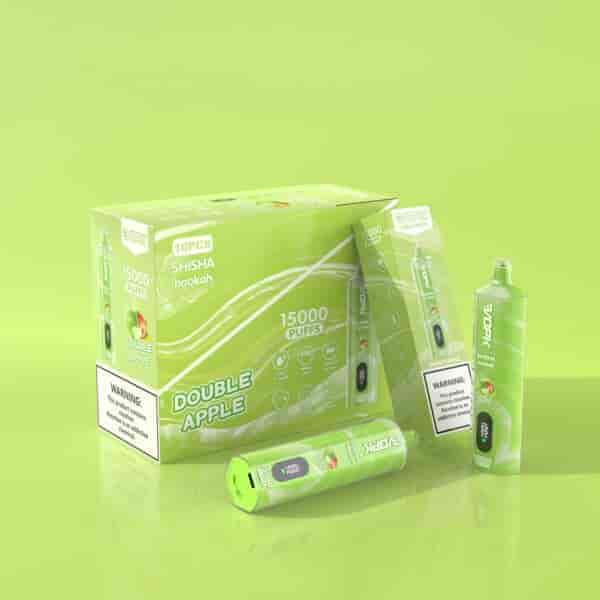 Green packaging for a shisha hookah product labeled "Double Apple" with 15,000 puffs, featuring individual vape devices and a warning about nicotine being an addictive chemical.