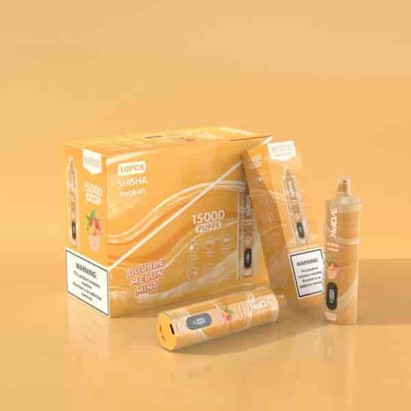 A box of vape products labeled "10 PCS SHISHA Hookah" with flavors indicated as "Double Melon Mint," featuring an orange design and a warning label regarding nicotine content, next to two shisha devices on a gradient orange background.