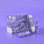 Grape Mint shisha hookah packaging featuring 15000 puffs, 10-piece box, and individual vape devices displayed on a purple background.